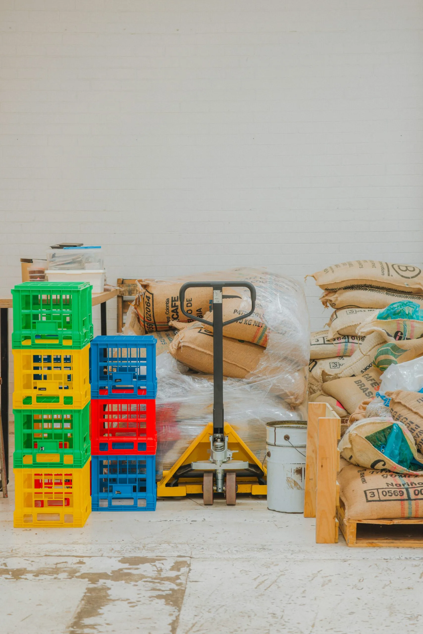 Warehouse with crates and grain sacks